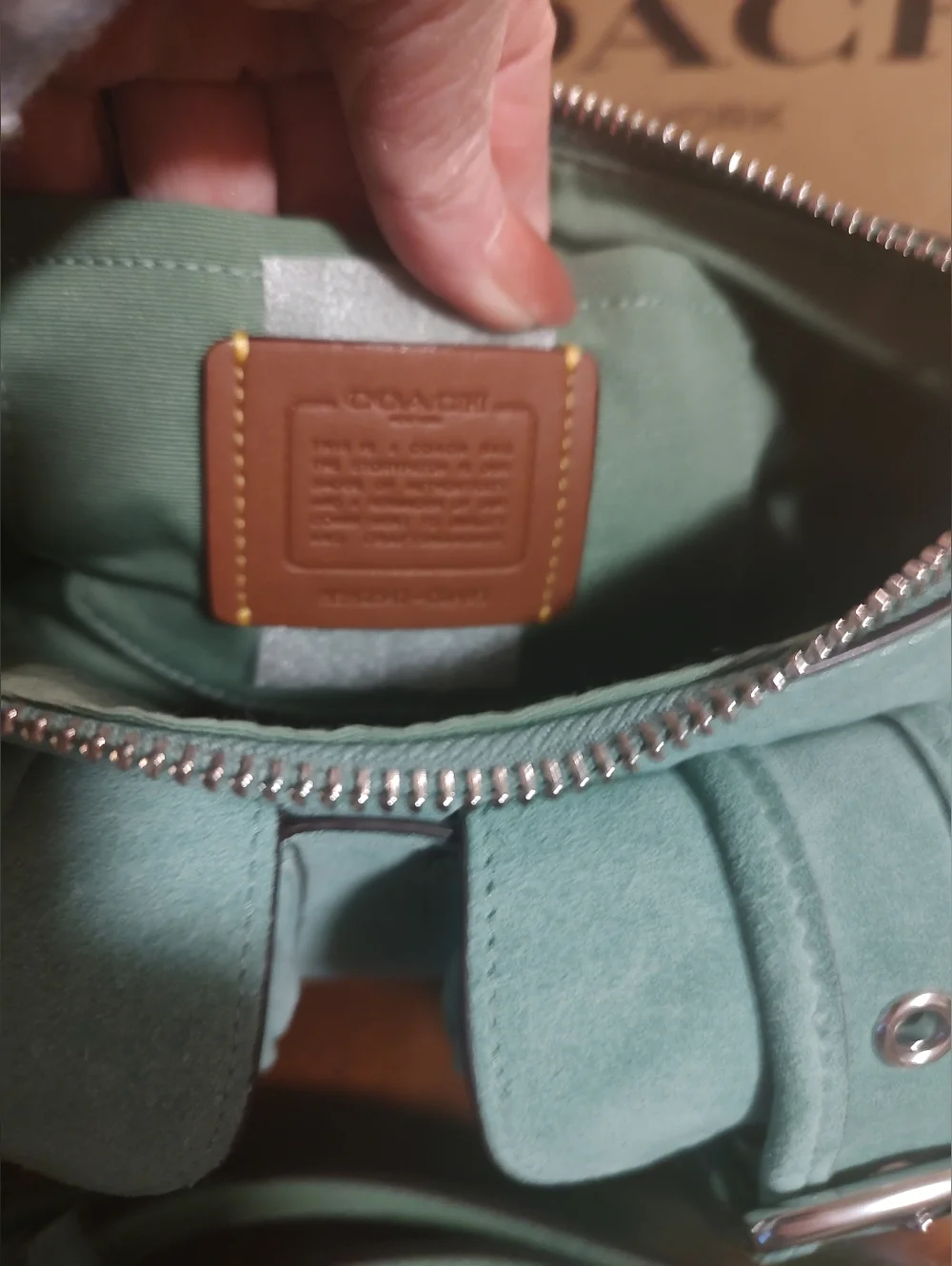 COACH Ashton Mint Green Suede Shoulder Bag with Front Buckle Pockets